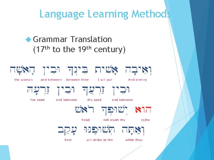 Language Learning Methods Grammar Translation (17 th to the 19 th century)  Language Learning Methods Grammar Translation (17 th to the 19 th century)
