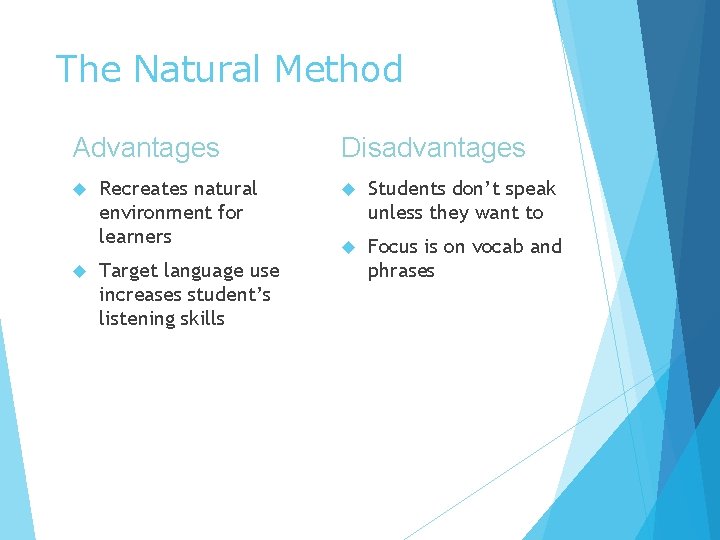 The Natural Method Advantages Recreates natural environment for learners Target language use increases student’s The Natural Method Advantages Recreates natural environment for learners Target language use increases student’s