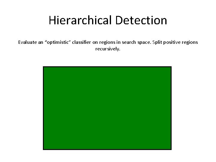 Hierarchical Detection Evaluate an “optimistic” classifier on regions in search space. Split positive regions