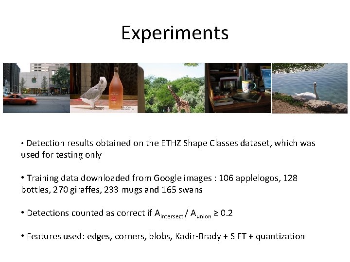 Experiments • Detection results obtained on the ETHZ Shape Classes dataset, which was used