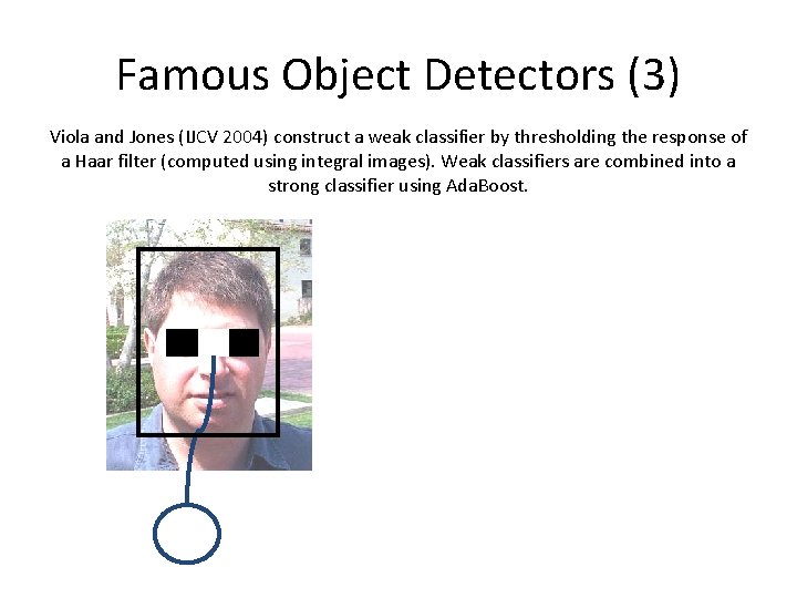 Famous Object Detectors (3) Viola and Jones (IJCV 2004) construct a weak classifier by