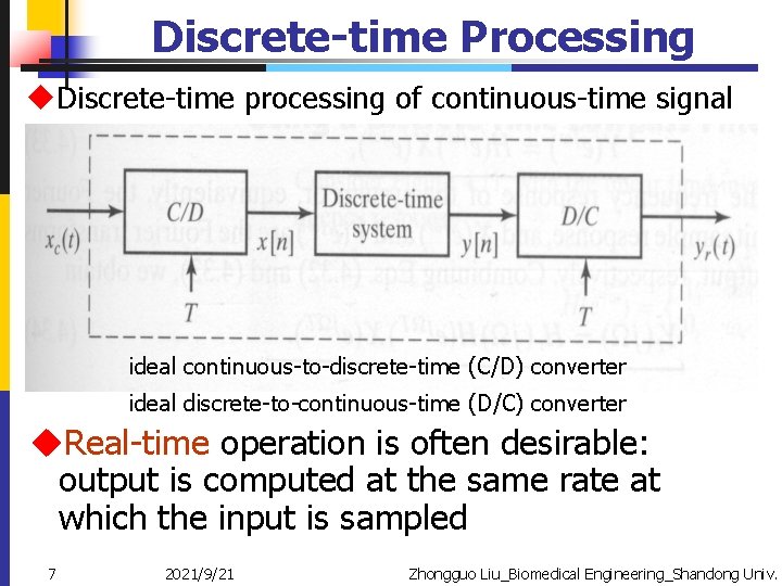 Discrete-time Processing u. Discrete-time processing of continuous-time signal ideal continuous-to-discrete-time (C/D) converter ideal discrete-to-continuous-time