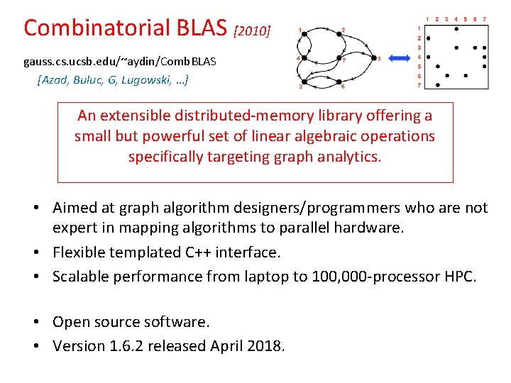 Combinatorial BLAS [2010] gauss. cs. ucsb. edu/~aydin/Comb. BLAS [Azad, Buluc, G, Lugowski, …] An
