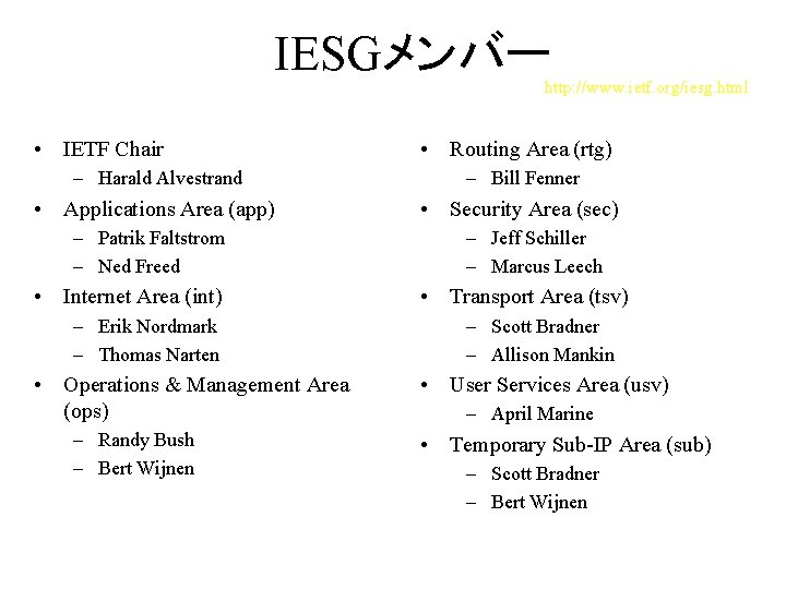 IESGメンバー http: //www. ietf. org/iesg. html • IETF Chair • Routing Area (rtg) –