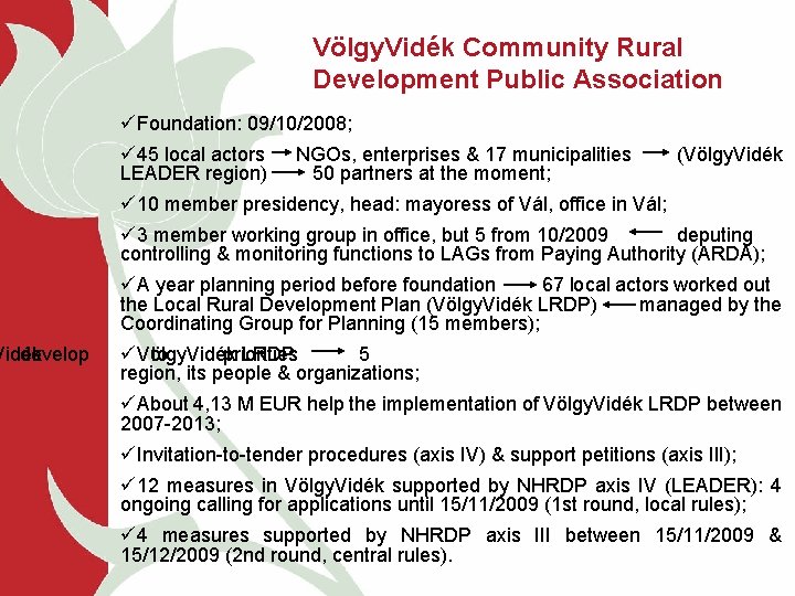 Vidék develop Völgy. Vidék Community Rural Development Public Association üFoundation: 09/10/2008; ü 45 local