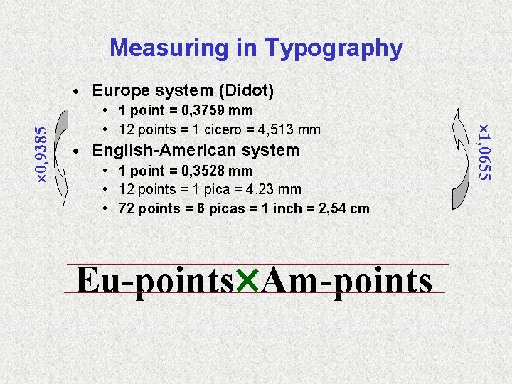 Measuring in Typography Europe system (Didot) • 1 point = 0, 3759 mm •