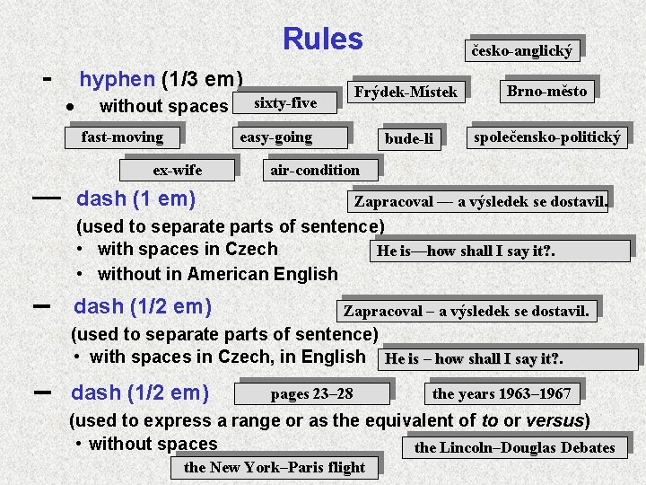 Rules - hyphen (1/3 em) · without spaces fast-moving Frýdek-Místek Brno-město bude-li společensko-politický easy-going