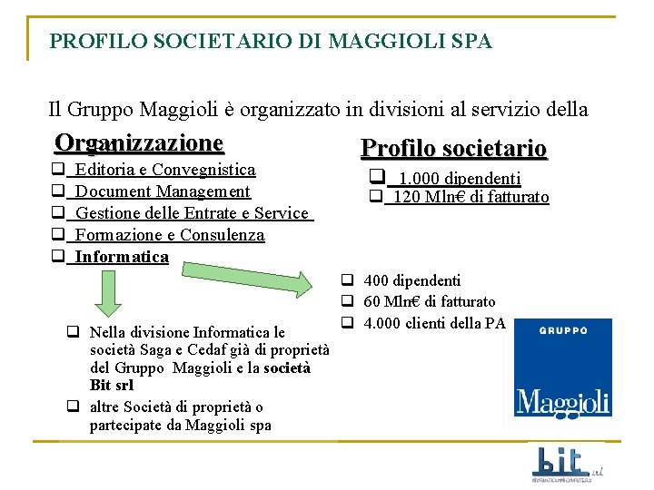 PROFILO SOCIETARIO DI MAGGIOLI SPA Il Gruppo Maggioli è organizzato in divisioni al servizio