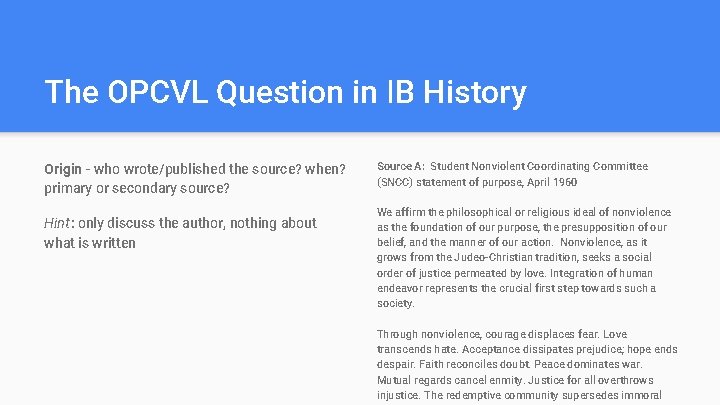 The OPCVL Question in IB History Origin - who wrote/published the source? when? primary