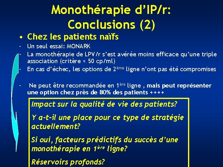 Monothérapie d’IP/r: Conclusions (2) • Chez les patients naïfs - Un seul essai: MONARK