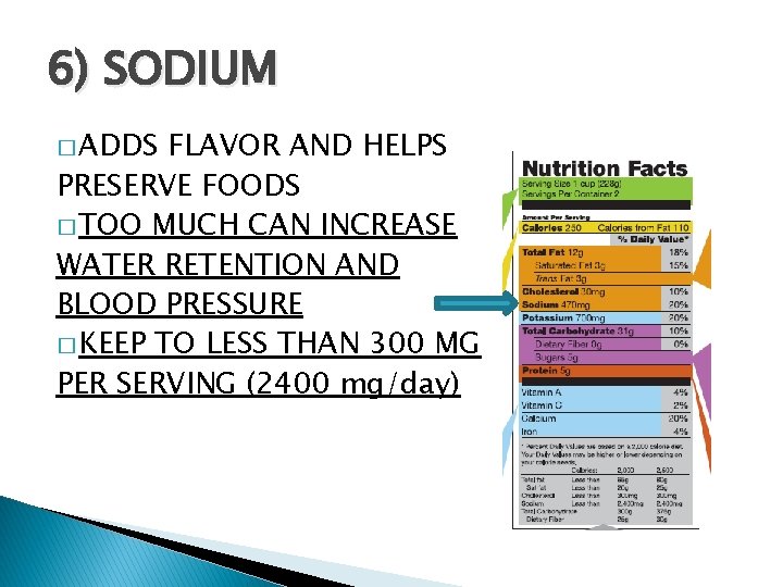 6) SODIUM � ADDS FLAVOR AND HELPS PRESERVE FOODS � TOO MUCH CAN INCREASE