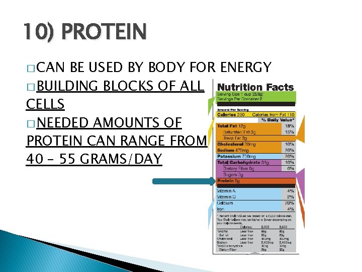 10) PROTEIN � CAN BE USED BY BODY FOR ENERGY � BUILDING BLOCKS OF