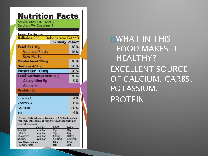 � WHAT IN THIS FOOD MAKES IT HEALTHY? EXCELLENT SOURCE OF CALCIUM, CARBS, POTASSIUM,