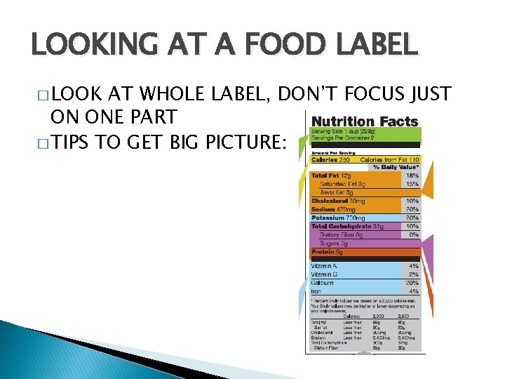 LOOKING AT A FOOD LABEL � LOOK AT WHOLE LABEL, DON’T FOCUS JUST ON