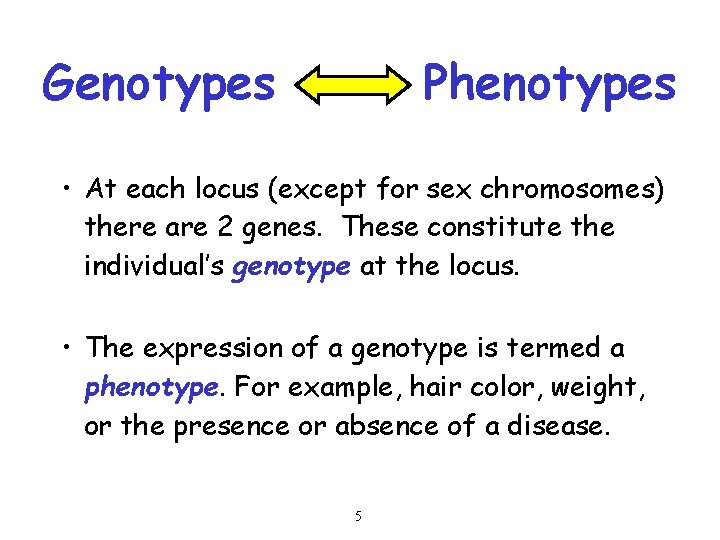 Genotypes Phenotypes • At each locus (except for sex chromosomes) there are 2 genes.