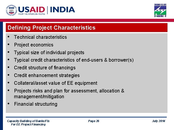 Defining Project Characteristics • • Technical characteristics • Financial structuring Project economics Typical size