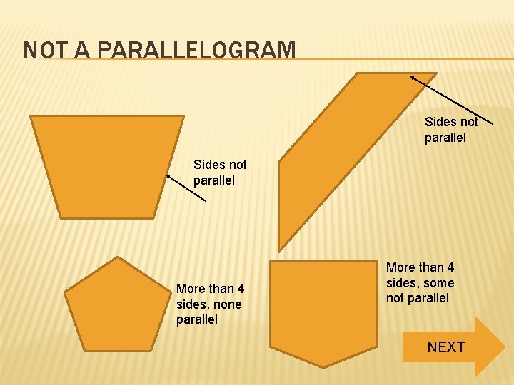 NOT A PARALLELOGRAM Sides not parallel More than 4 sides, none parallel More than