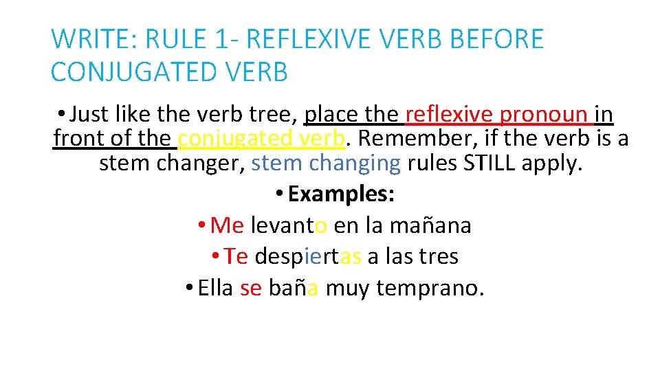 WRITE: RULE 1 - REFLEXIVE VERB BEFORE CONJUGATED VERB • Just like the verb
