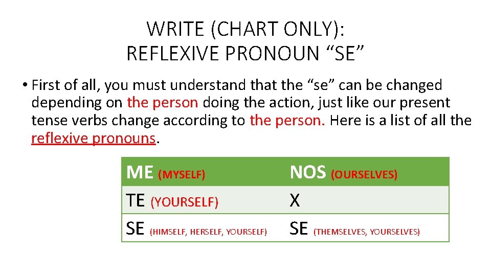 WRITE (CHART ONLY): REFLEXIVE PRONOUN “SE” • First of all, you must understand that