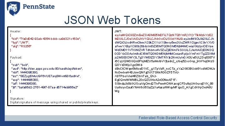 JSON Web Tokens Header: { "kid": "7 fa 0 d 042 -93 ab-4354 -bdcb-ca