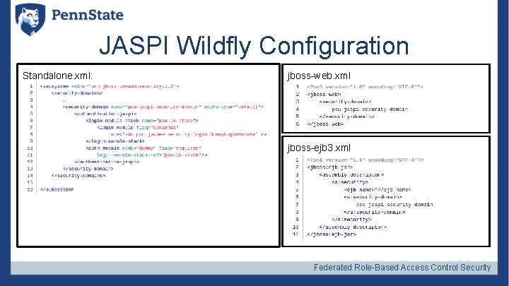 JASPI Wildfly Configuration Standalone. xml: jboss-web. xml jboss-ejb 3. xml Federated Role-Based Access Control