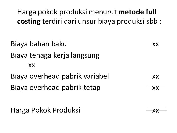 Harga pokok produksi menurut metode full costing terdiri dari unsur biaya produksi sbb :