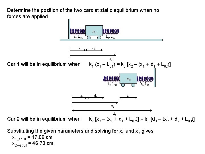 Determine the position of the two cars at static equilibrium when no forces are