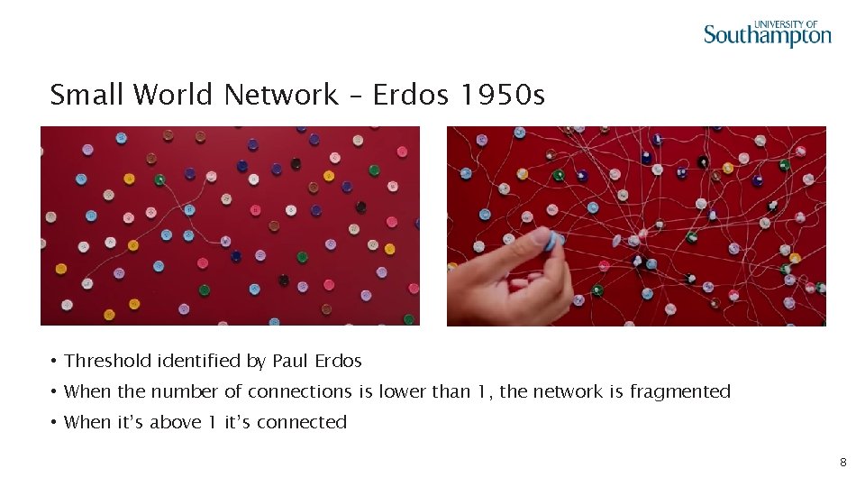 Small World Network – Erdos 1950 s • Threshold identified by Paul Erdos •