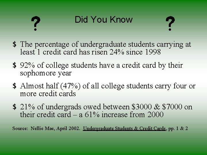 Did You Know $ The percentage of undergraduate students carrying at least 1 credit