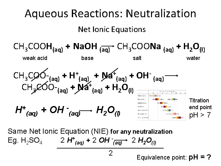 Aqueous Reactions: Neutralization Net Ionic Equations CH 3 COOH(aq) + Na. OH (aq) CH