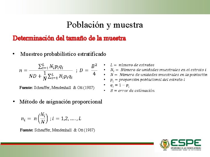 Población y muestra Determinación del tamaño de la muestra • Muestreo probabilístico estratificado Fuente: