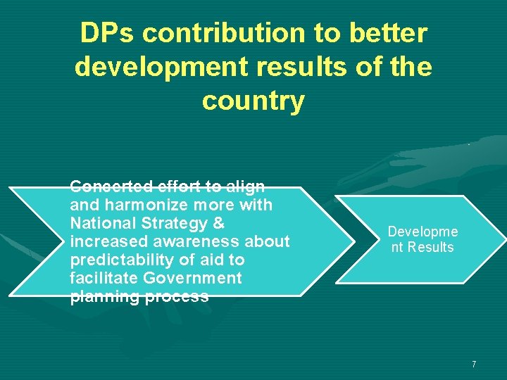 DPs contribution to better development results of the country Concerted effort to align and