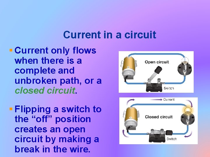 Current in a circuit § Current only flows when there is a complete and