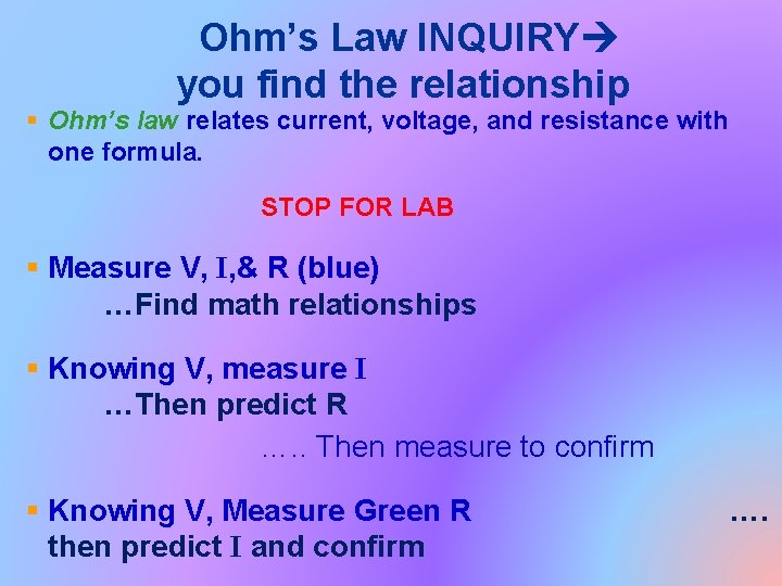 Ohm’s Law INQUIRY you find the relationship § Ohm’s law relates current, voltage, and