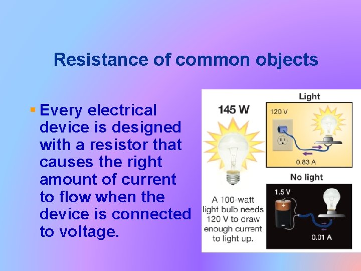 Resistance of common objects § Every electrical device is designed with a resistor that