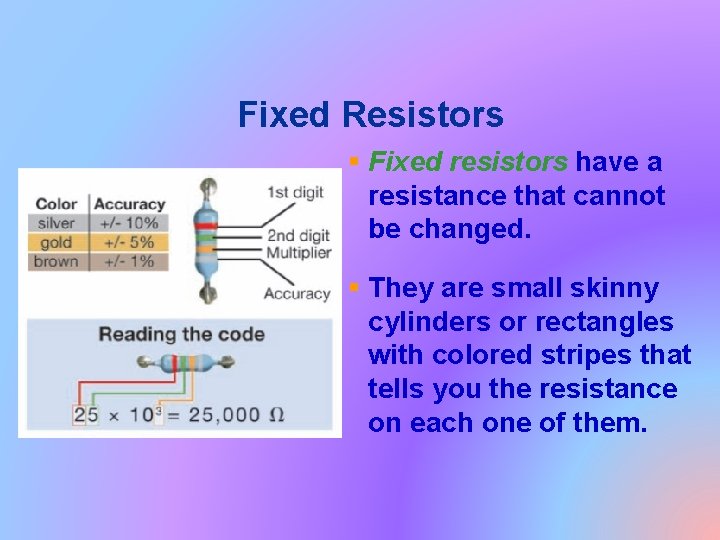 Fixed Resistors § Fixed resistors have a resistance that cannot be changed. § They
