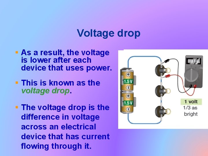 Voltage drop § As a result, the voltage is lower after each device that