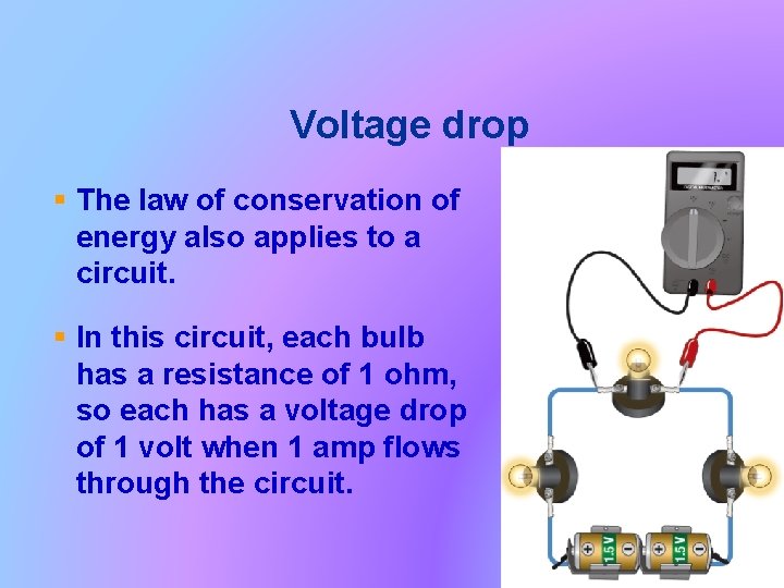 Voltage drop § The law of conservation of energy also applies to a circuit.