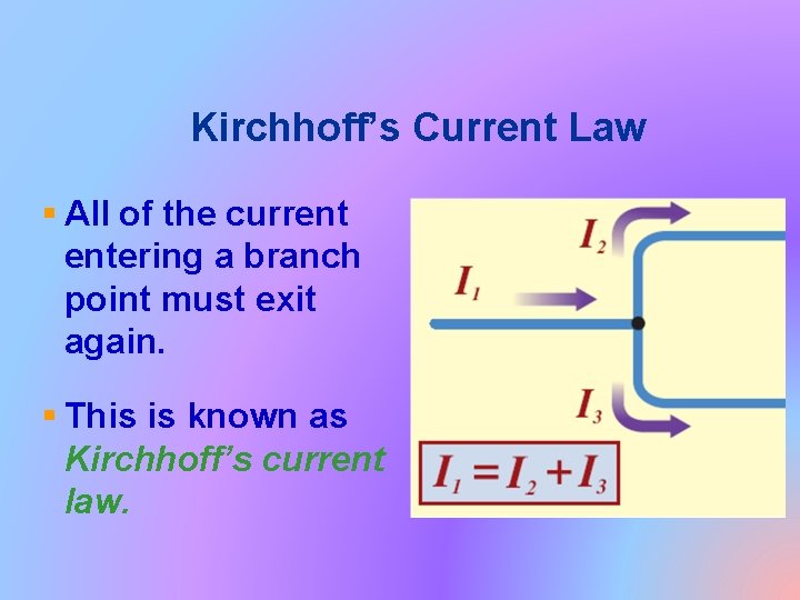 Kirchhoff’s Current Law § All of the current entering a branch point must exit