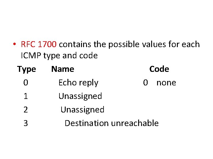 • RFC 1700 contains the possible values for each ICMP type and code • RFC 1700 contains the possible values for each ICMP type and code