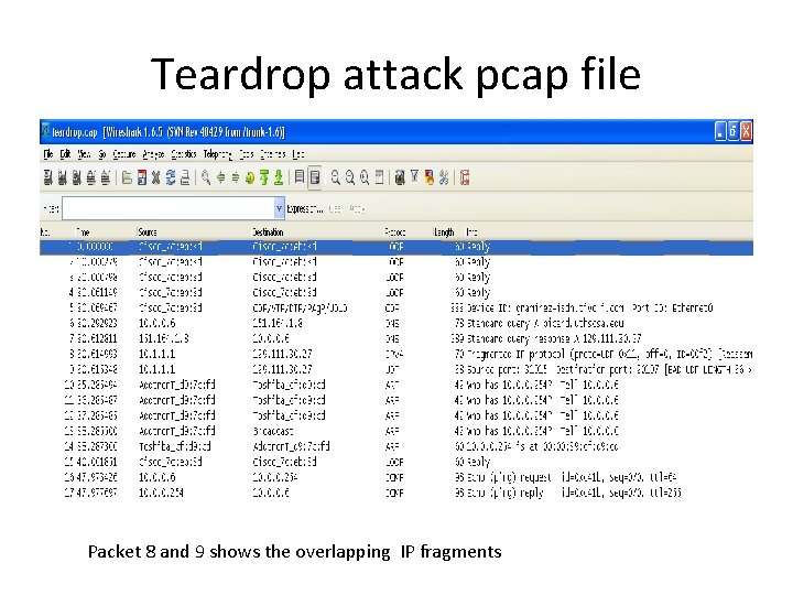 Teardrop attack pcap file Packet 8 and 9 shows the overlapping IP fragments Teardrop attack pcap file Packet 8 and 9 shows the overlapping IP fragments