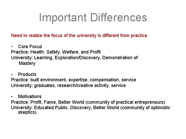 Important Differences Need to realize the focus of the university is different from practice