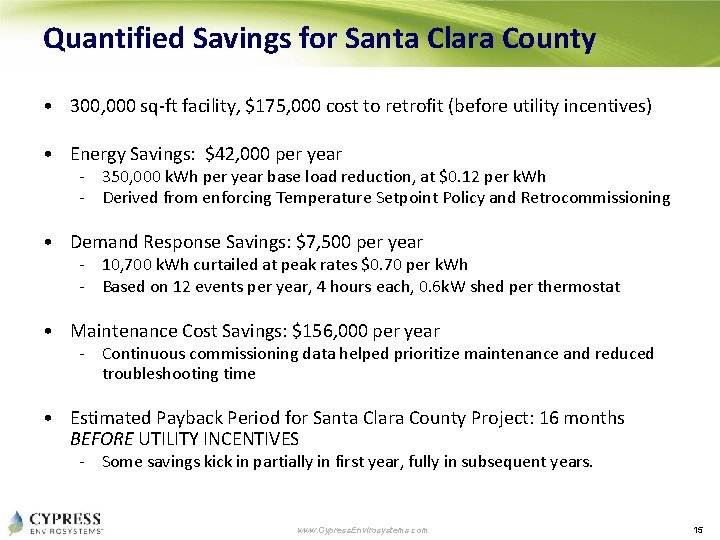 Quantified Savings for Santa Clara County • 300, 000 sq-ft facility, $175, 000 cost