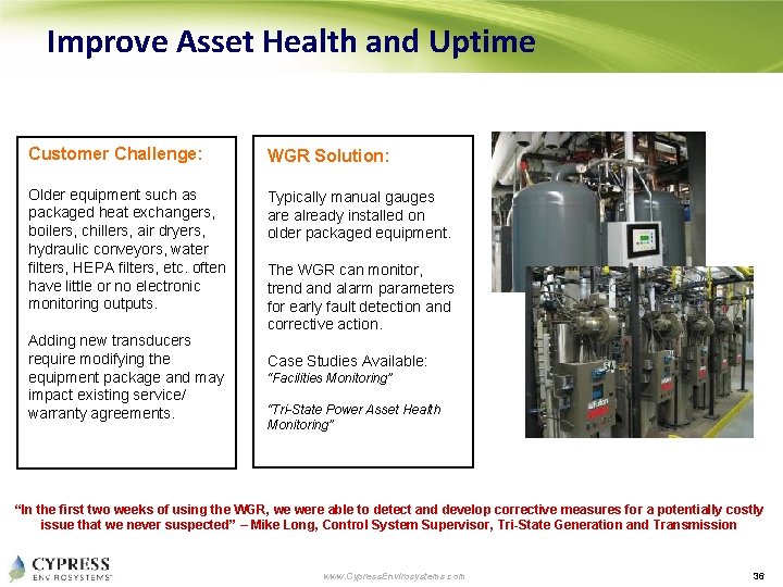 Improve Asset Health and Uptime Customer Challenge: WGR Solution: Older equipment such as packaged