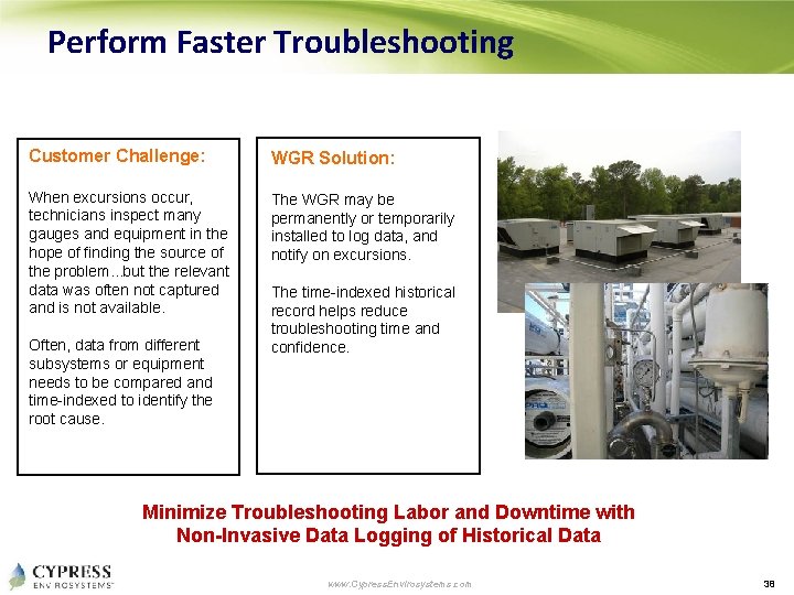 Perform Faster Troubleshooting Customer Challenge: WGR Solution: When excursions occur, technicians inspect many gauges