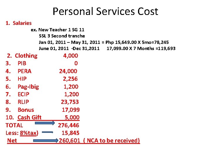 Personal Services Cost 1. Salaries ex. New Teacher 1 SG 11 SSL 3 Second