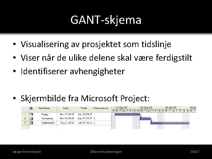 GANT-skjema • Visualisering av prosjektet som tidslinje • Viser når de ulike delene skal