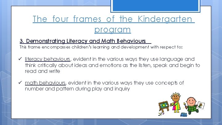 The four frames of the Kindergarten program 3. Demonstrating Literacy and Math Behaviours This