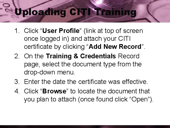Uploading CITI Training 1. Click “User Profile” (link at top of screen once logged