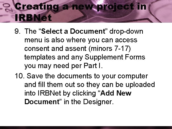 Creating a new project in IRBNet 9. The “Select a Document” drop-down menu is